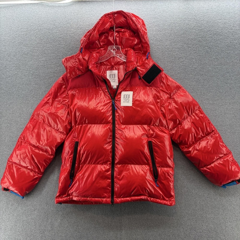 Topo Designs Coat Men Large Red Gloss Hooded Puffer PrimaLoft Insulated Winter